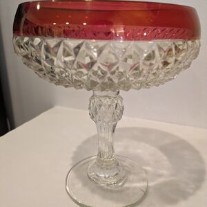 Vintage Indiana Glass Ruby Flash Diamond Point Pedestal Compote Candy Dish 7.5”
